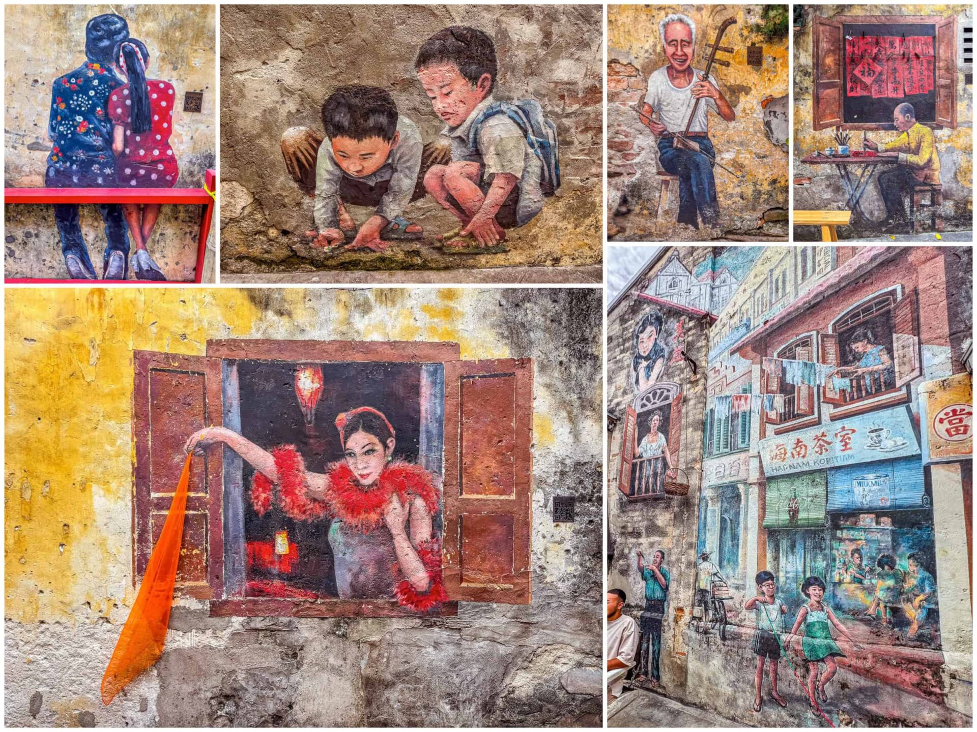 Kolaż sześciu zdjęć przedstawiających najciekawsze murale (street art) w zaułku Kwai Chai Hong w Chinatown w Kuala Lumpur. Na zbiorczym obrazie widać m.in. parę na czerwonej ławce, dzieci grające w kulki, muzyka z erhu, kaligrafa oraz damę w oknie z szalem.