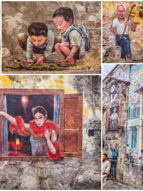 Kolaż sześciu zdjęć przedstawiających najciekawsze murale (street art) w zaułku Kwai Chai Hong w Chinatown w Kuala Lumpur. Na zbiorczym obrazie widać m.in. parę na czerwonej ławce, dzieci grające w kulki, muzyka z erhu, kaligrafa oraz damę w oknie z szalem.