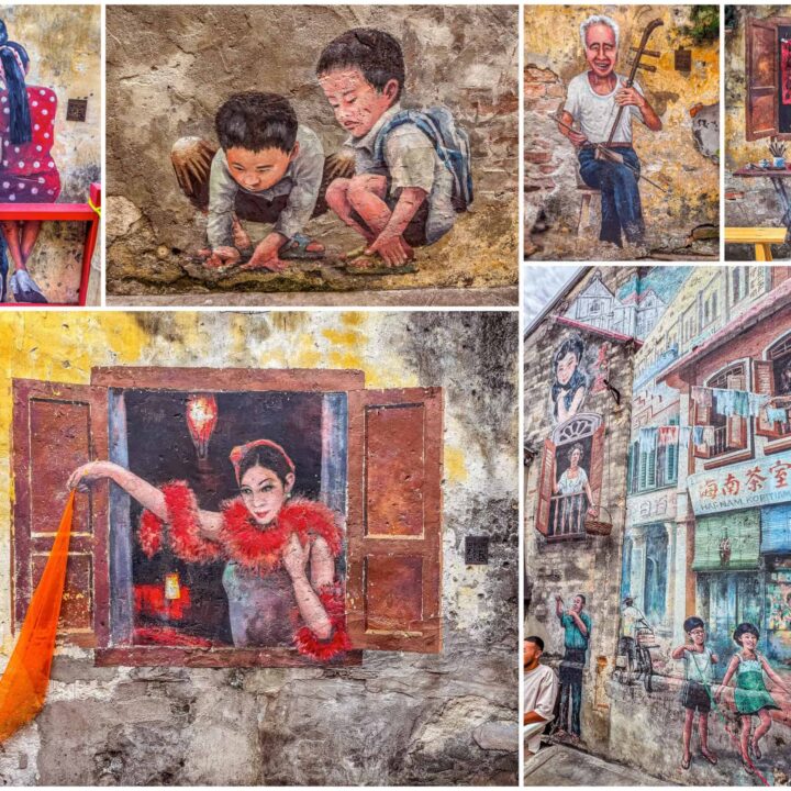 Kolaż sześciu zdjęć przedstawiających najciekawsze murale (street art) w zaułku Kwai Chai Hong w Chinatown w Kuala Lumpur. Na zbiorczym obrazie widać m.in. parę na czerwonej ławce, dzieci grające w kulki, muzyka z erhu, kaligrafa oraz damę w oknie z szalem.